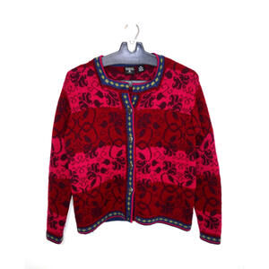 Vintage 90s Nordic Wool Cardigan Womens Small Fair Isle Knit Red Floral Sweater